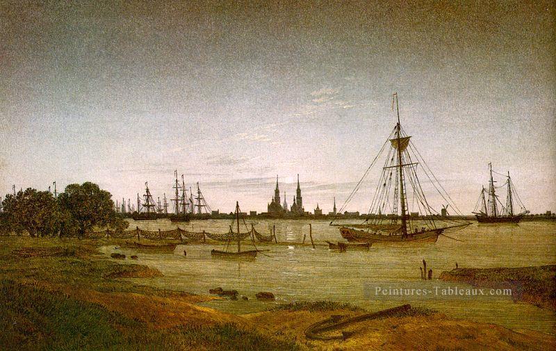 Port par Moonlight romantique Caspar David Friedrich Peintures à l'huile